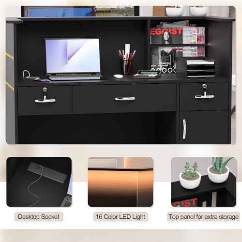 AHB Reception Desk with Counter, Modern Front Table Equipped Lockers & Storage Shelves, 50-inch Checkout Counter with LED Lights & DIY Stripe for Lobbies, Salons, Retail, Home Offices, Reception Room