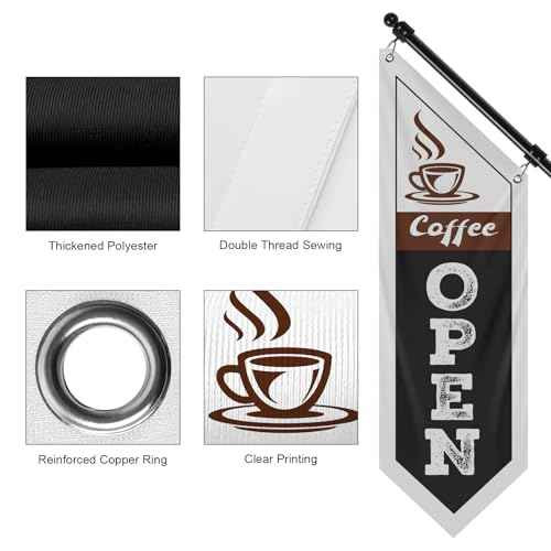 Coffee Open Flag, Double-Sided Coffee Hanging Banner with Flagpole Kit & Bracket ? Coffee Signs for Caf?s, Coffee Shops, and Street Vendors (Black-B, 27")