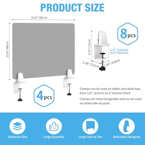 Desk Divider 4 Pcs Desk Privacy Panel 23.6''L x 15.8W'' Office Partitions Grey Acrylic Panel Pack of 4 Desk Divider Partition with Adjustable Universal Base