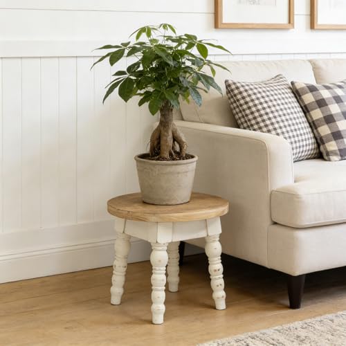 JUMBO DECOR Whitewashed Round Wooden Step Stool for Kids & Adults – Farmhouse Plant Stand, 11.8 in