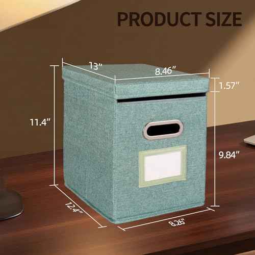 4 Pack Hanging File Folders Organizer with Lid, Letter Size Fabric File Storage Box Collapsible, Portable Office Document Holder with Metal Handle, Smooth PVC Rails, Green