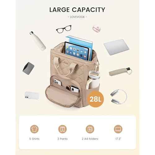 LOVEVOOK Laptop Backpack for Women, Puffer Quilted Computer Bag for Travel Work Business, Casual Daypack for Teacher Nurse,17.3 Inch, Khaki