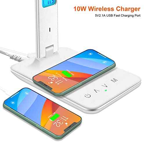 Desk Lamp with Wireless Charger£¬USB Charging Port, Dimmable Office Desk Light with Clock, Alarm, Date, Temperature, Foldable Lamp for Table Bedroom Bedside Office (White, Standard Size-13.3 inch)