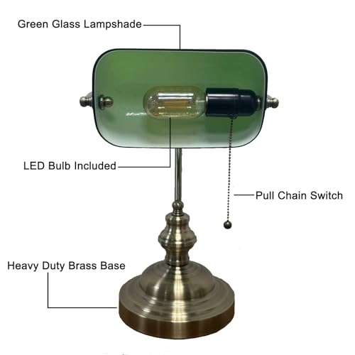 Bankers Lamp Green, Vintage Library Lamp with Pull Chain, Traditional Green Glass Desk Lamp for Home Office, Study Room, Library, LED Bulb Included