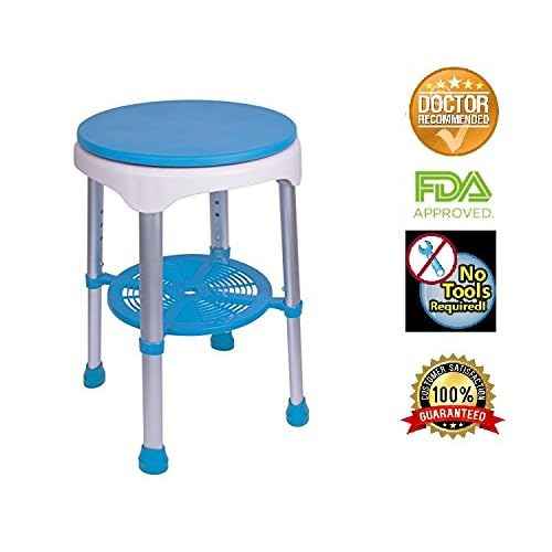 Healthline Round Bath Stool Shower Chair, Compact Shower Stool and Bench 350 Lbs - Small Bathtub Stool Chair for Shower, Non-Slip Seat, 360 Degree Rotating Padded Seat, Adjustable Height