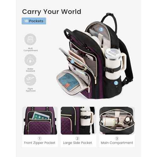 LOVEVOOK Laptop Backpack for Women with Giant Tumbler Holder Pocket, 15.6 Inch Water Resistant Lightweight Daypacks for College Work Business, Nurse Teacher Computer Bags, Purple Black