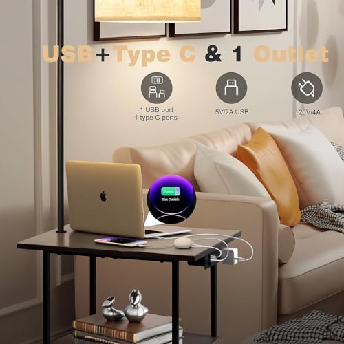 PESRAE Rustic Brown Floor Lamp with 3-Tier Side Table & Charging Station