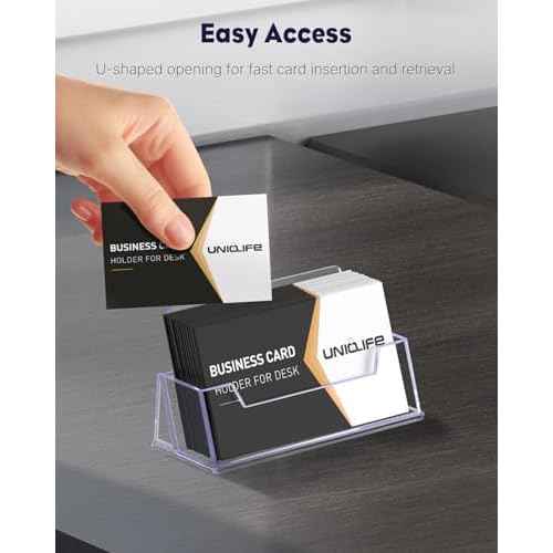 Uniclife 2 Pack Acrylic Business Card Holder for Desk 1 Slot Clear Business Card Display Stand for Men & Women Desktop Business Card Organizer Card Stand for Office Home Exhibition, 60 Card Capacity