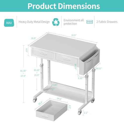 Small White Portable Rolling Standing Desk with Wheels, 32 Inch Adjustable Mobile Stand up Teacher Desks with 2 Fabric Drawers, Couch Sofa Side Laptop Table with Storage for Bedroom Home Office