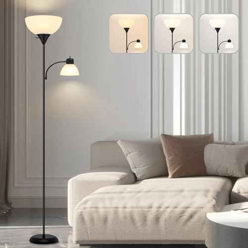 Floor Lamp for Living Room 9W LED Torchiere Floor Lamp with 9W Adjustable Reading Lamp Black 72"" Tall Floor Lamps for Bedroom Office Two Independent Rotary switches Including 2 Light Bulbs., LB-KC05