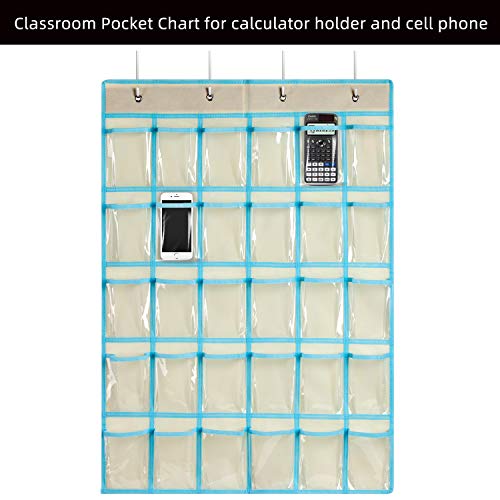 KEEPJOY Beige Classroom Pocket Chart Organizer with 30 Clear Pockets & Number Stickers - Cell Phone and Calculator Holder, 33.5 x 24.5 Inch, 1 Pack