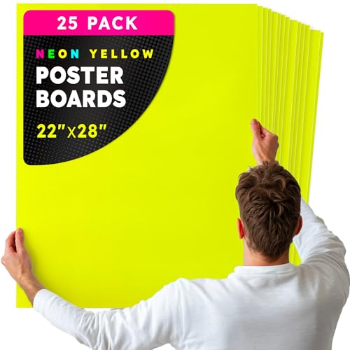 Hygloss Large Poster Board 22x28 - 25 Neon Yellow Single Color Poster Boards Bulk Pack - 10 Pt. Thickness Colored Poster Board Paper for Projects, Signs, Displays - Posterboard Multipack 22" x 28"