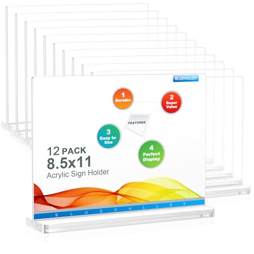 BlueValley 12 Pack Acrylic Sign Holder 8.5 x 11 Inch Horizontal - Clear Display Plastic Table Menu Signs Stand, Double Sided Flyer Holder Standing for Picture Paper Frame Holder Stand Home Office Retail Show Fair