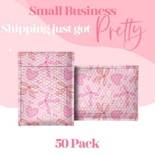 8.5x11 Designer Bubble Poly Mailer 50 Pack Heavy Duty Waterproof Self Seal Shipping Bags for Small Business Large Mailing Envelopes Bulk Tear Resistant Padded Pink Coquette Bubble Mailer
