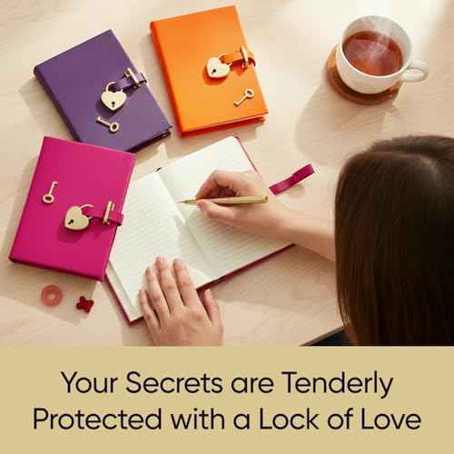 Graphic Image Heart Lock Diary ? Orange Saffiano Leather | Handbound in the USA | Secure Lock & Key | 240 Lined Pages | Elegant Leather Journal with Satin Ribbon Marker | Personalizable Gift Edition