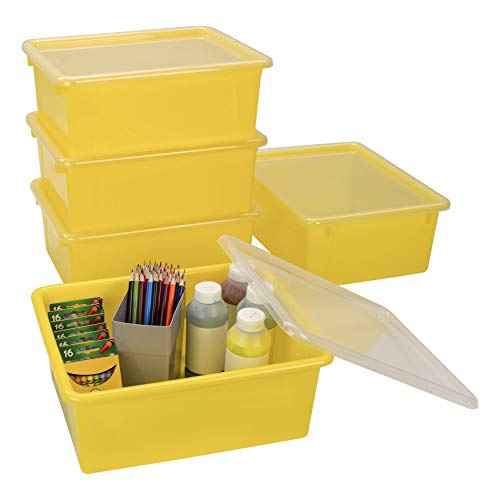 Storex Letter Size Deep Storage Tray ? Organizer Bin with Non-Snap Lid for Classroom, Office and Home, Yellow, 5-Pack (62546U05C)