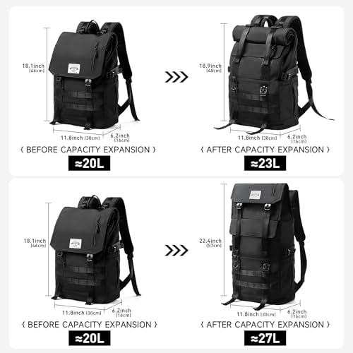 Rolltop Backpack for Men Flap Rucksack Expandable Fits 17 inch Laptop Roll Top Backpack for Commute Travel Hiking Urban Black (3 in 1)