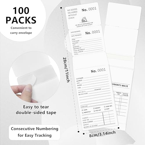 100 Pcs Jewelry Repair Envelopes 3-Part White Paper with Serial Numbers & Tear Lines