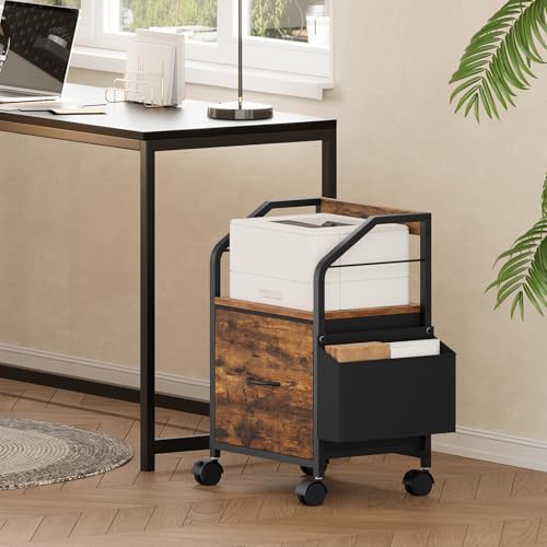 MAHANCRIS Rustic Brown Small Rolling File Cabinet with 3 Dividers, Under-Desk Organizer