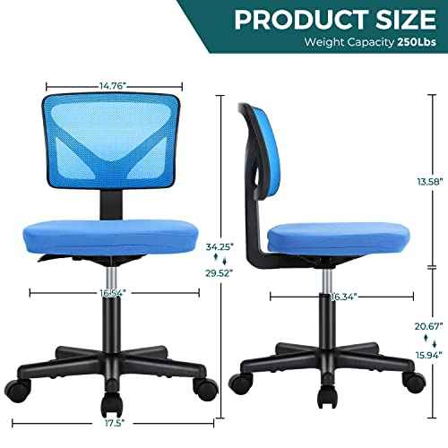 DUMOS Armless Desk Chairs with Wheels, Ergonomic Adjustable Home Office Swivel Rolling Task Chair No Arms, Comfy Mesh Mid Back Computer Work Vanity Desk Seat for Small Spaces, Blue