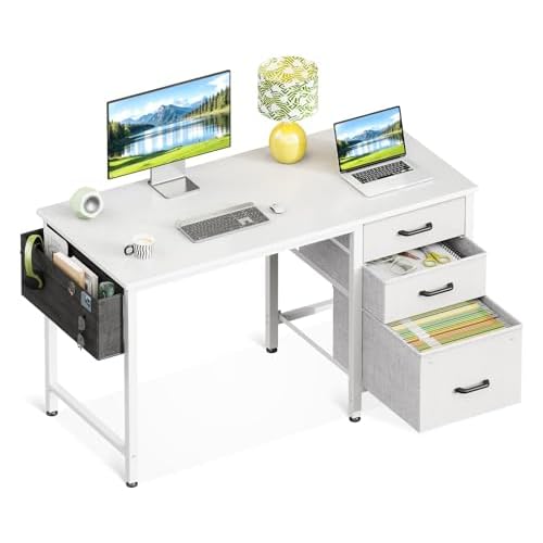 Casaottima 40 Inch Small Home Office Computer Desk for Bedroom with Fabric Drawers & File Cabinet, Cloth Storage Bag and Hook, Writing Study Work Desk for Small Space, Snow White