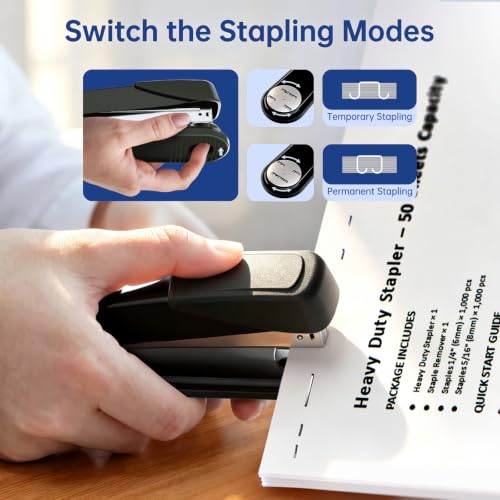Jyumini Heavy Duty Metal Stapler Black, 50-Sheet Capacity with 2000 Staples & Remover