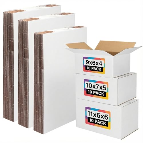 EXYGLO 30 Pack Assorted White Shipping Boxes 9x6x4, 10x7x5, 11x6x6 Inch