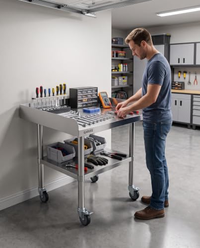 Garvee 30x30 Inch Stainless Steel Mobile Work Table with 3-Sided Backsplash, Height-Adjust Undershelf & Locking Casters (30x30x26)