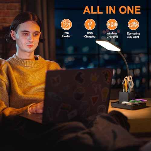 Sailstar Desk Lamp, Table Lamp with Wireless Charger & USB Port, 800LM CRI95 3 Color Modes Dimmable Touch 360¡ÆGooseneck Pen Holder, LED Desk Lamps for Home Office, College Dorm Room, Adapter Included