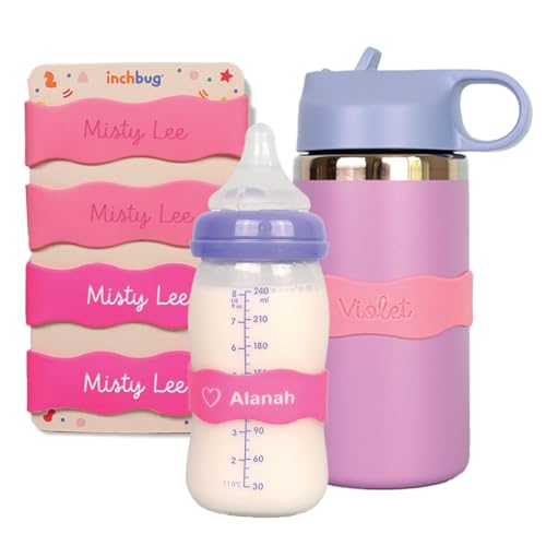 InchBug Orbit Silicone Bottle Bands - Blushing Cheeks 4-Pack, Personalized Name Labels for Kids' Cups & Bottles