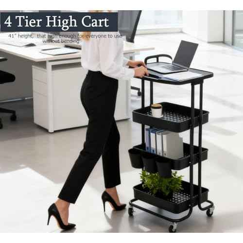4 Tier Rolling Storage Cart with Table Top Metal Utility Cart on Wheels, School Offices Supplies Organzier with Plastic Tray, Lockable Casters Crafts Carts for Bathroom, Classroom, Kitchen(Black)