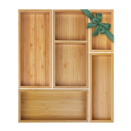 MapleGrace Bamboo Drawer Organizer Set - 5 pcs Natural Wood Storage Bins