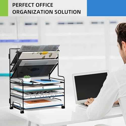 4-Tier Paper Organizer + 3-Pocket File Holder + Drawer + Pen Holders, Desktop File Organizers Paper Tray for Office Supplies School Classroom Organization (Black, No Drawer & Pen Holder)