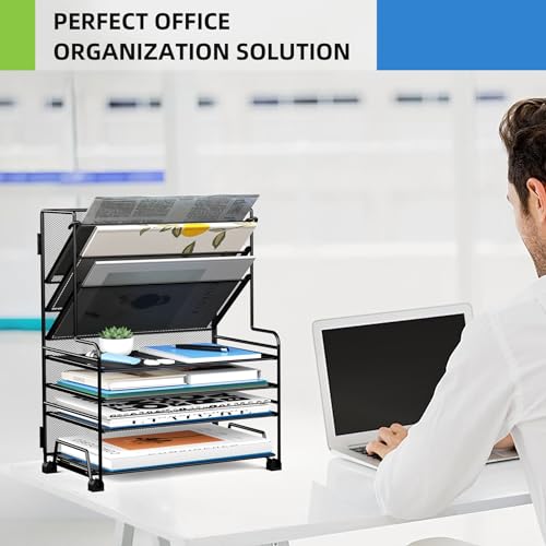 MINDEPOT 4-Tier Desk Paper Organizer with 3-Pocket File Holder - Black (No Drawer & Pen Holders)