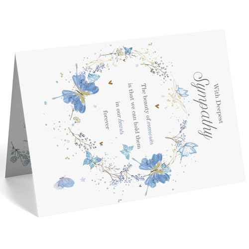 Sympathy Cards with Blue Butterfly Design, Elegant Condolence Greeting Card for Loss, Double-Sided 8 x 5.3 Inch with Envelope