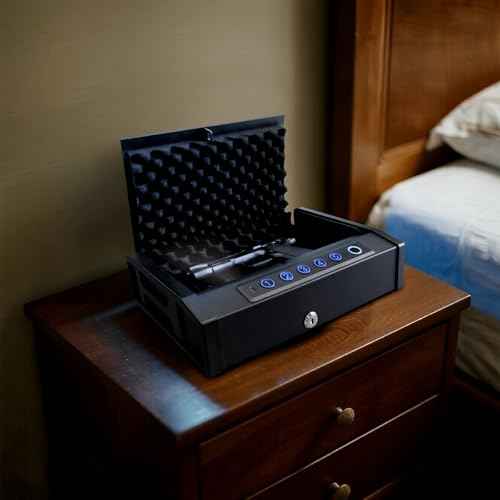 Biometric Gun Safe for Handgun, Desk Pistol Safe Hidden Hand Gun Lock Box Storage for Nightstand Finger Print Quick Access Bedside