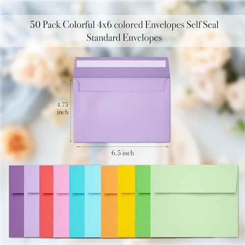 50 pack 4x6 envelopes,4x6 colored envelopes for invitations, postcard, Wedding,Greeting Cards,Photos