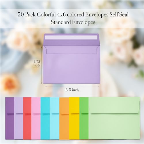 Slapaflife 50 Pack 4x6 Inches Colored Envelopes for Invitations & Greeting Cards