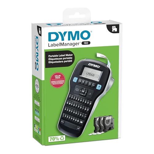 DYMO LabelManager 160 Label Maker Bundle with 3 D1 Tape Cassettes, Portable Handheld Office Organizer