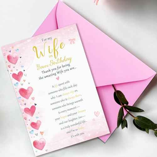 Wife Birthday Card, Sweet Birthday Cards for Wife from Husband, Happy Birthday Card for Her-8x5.3 Inches, Double-Sided, with Matching Pink Envelope
