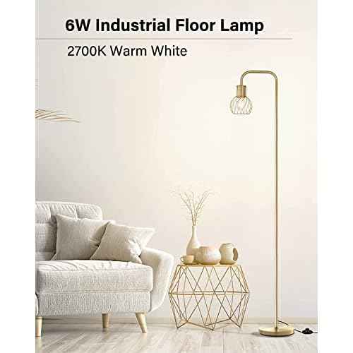 Brass Gold Standing Floor Lamp for Living Room - Modern Industrial Design with 6W LED Bulb, Foot Switch, Metal Tall Stand, Minimalist Farmhouse Boho Style for Bedroom & Office