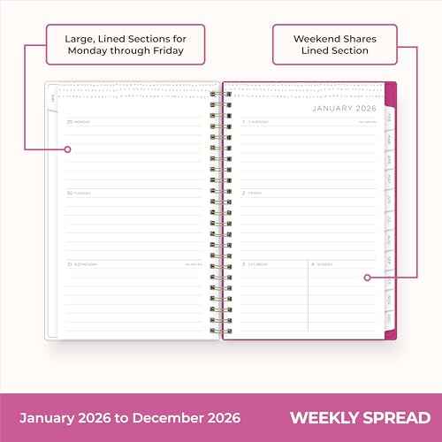 Blue Sky Kelly Ventura 2026 Weekly and Monthly Planner Calendar, January 2026 - December 2026, 5" x 8", Flexible Cover, Laminated Tabs, Durable Twin Wire Binding, Storage Pocket, Magenta Blooms