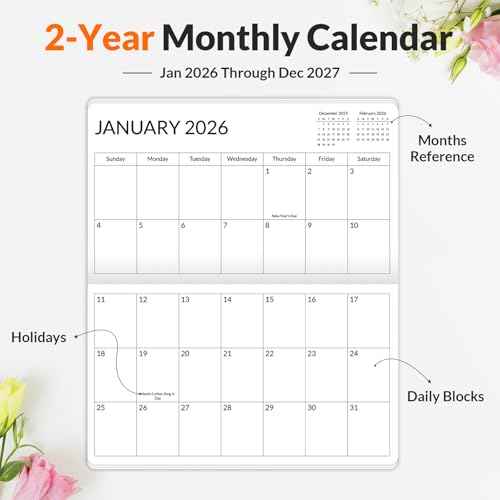 SUNEE Pocket Calendar 2026-2027 for Purse, Pocket Planner 24 Months with Soft Waterproof Cover and Premium Paper Sketch, 6.5" x 3.5", Wildflowers
