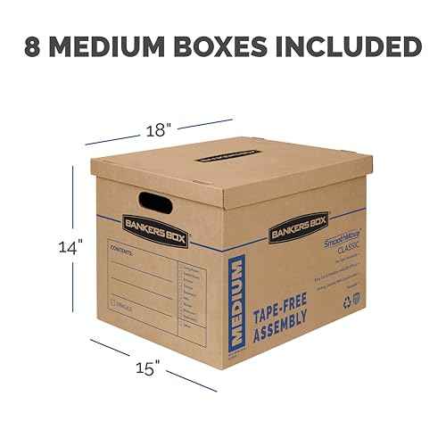 Bankers Box Medium Classic Moving Box 8 Pack, Reinforced Handles, Tape-Free Assembly, Box with Lid, 19-in x 14.5-in x 15.5-in (7717201)