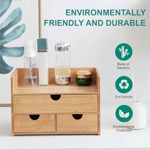 3 Drawer Bamboo Desk Organizer with Shelf ? Makeup Storage & Tabletop Organizer for Home Office, Workspace, or Bathroom ? No Assembly Required