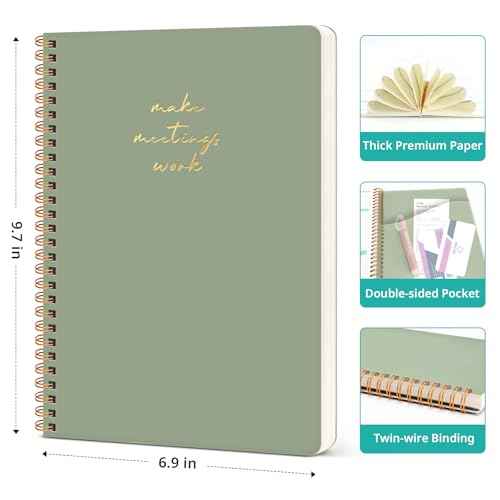 6 Pack of Meeting Notebook for Work Organization - Work notebook with action items, Meeting Minutes Planner Notebook, Perfect Office Supplies for Men & Women - Green