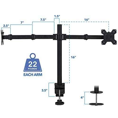Mount-It! Dual Monitor Mount | Double Monitor Desk Stand | Interchangeable C-Clamp and Grommet Base | Two Heavy Duty Height Adjustable Arms Fit 2 Computer Screens 19 21.5 24 27 32 Inches | VESA 75 100