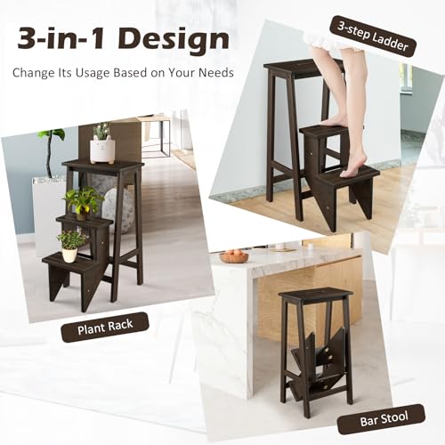 Costzon Brown 30" 3-Step Folding Stool with Handle, 3 in 1 Wooden Step Ladder