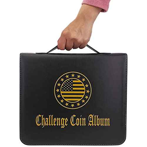 Challenge Coin Display Book Medals Holder for Collectors, 120 Pockets Large Military Coin Collecting Album with Zipper and Handle - Black