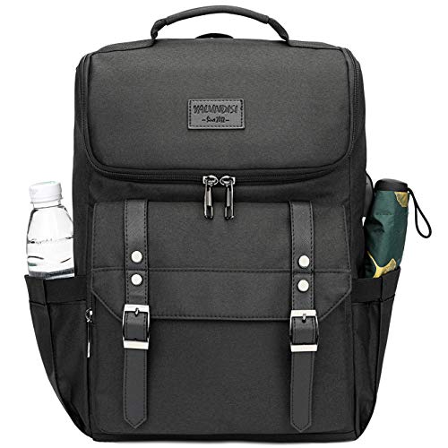 YALUNDISI Black Vintage Laptop Backpack with USB Charging Port for Women & Men, Fits 15.6 Inch